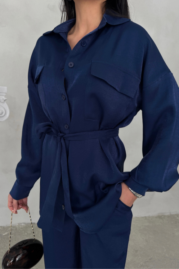 SİMLİ KUMAŞ SALAŞ PANTOLON - GÖMLEK TAKIM - Lacivert - 3