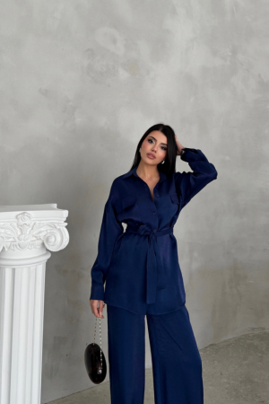 SİMLİ KUMAŞ SALAŞ PANTOLON - GÖMLEK TAKIM - Lacivert - 4