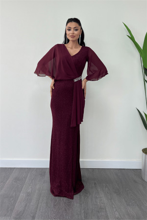 Simli Kumaş Şifon Şal Detaylı Abiye Elbise - BORDO - Angelino Moda (1)