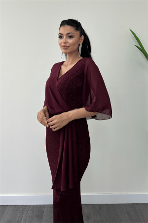 Simli Kumaş Şifon Şal Detaylı Abiye Elbise - BORDO - 3