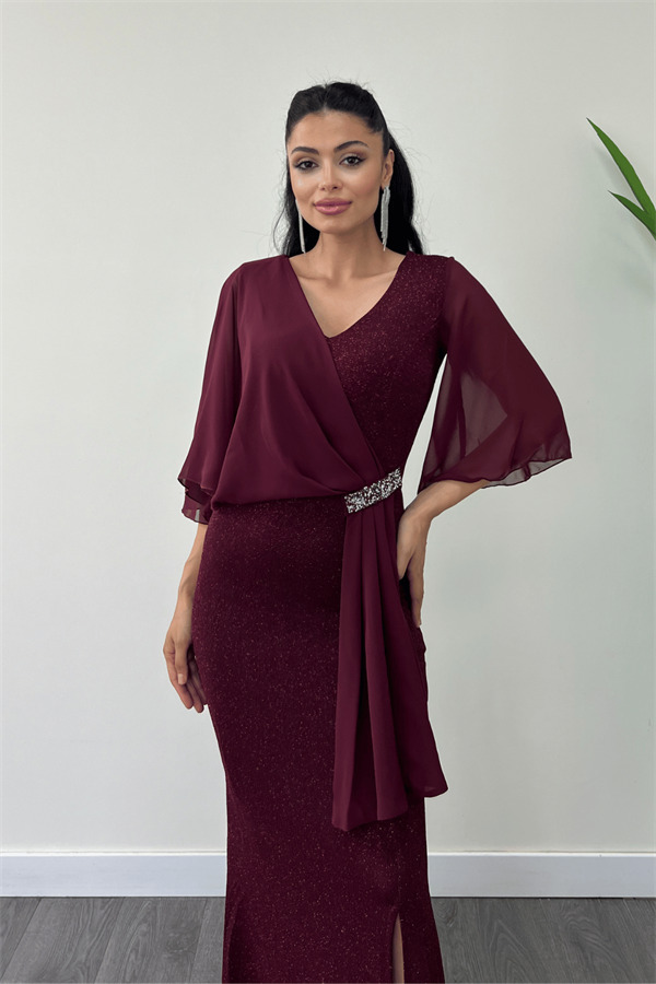 Simli Kumaş Şifon Şal Detaylı Abiye Elbise - BORDO - 4