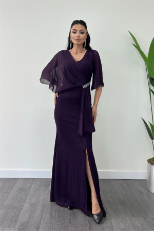 Simli Kumaş Şifon Şal Detaylı Abiye Elbise - PATLICAN MOR - Angelino Moda
