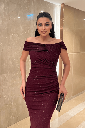 Simli Kumaş Tasarım Drape Detaylı Büyük Beden Abiye Elbise - BORDO - 3