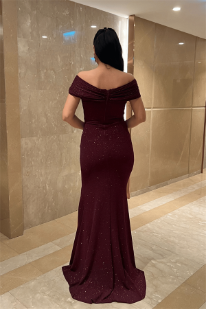 Simli Kumaş Tasarım Drape Detaylı Büyük Beden Abiye Elbise - BORDO - 5
