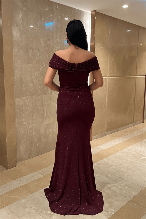 Simli Kumaş Tasarım Drape Detaylı Büyük Beden Abiye Elbise - BORDO - 5