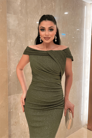 Simli Kumaş Tasarım Drape Detaylı Büyük Beden Abiye Elbise - HAKİ YEŞİLİ - 3