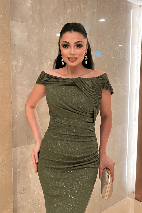 Simli Kumaş Tasarım Drape Detaylı Büyük Beden Abiye Elbise - HAKİ YEŞİLİ - 3
