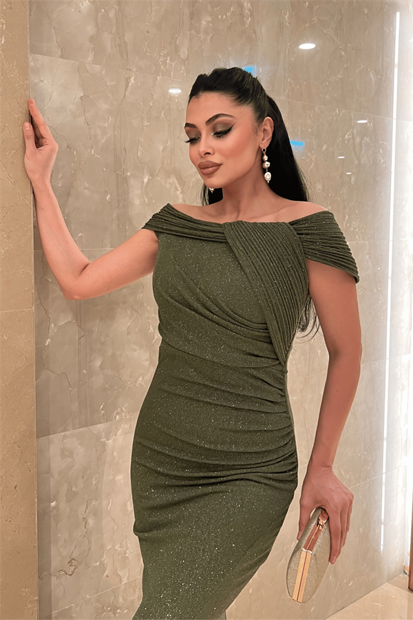 Simli Kumaş Tasarım Drape Detaylı Büyük Beden Abiye Elbise - HAKİ YEŞİLİ - 4