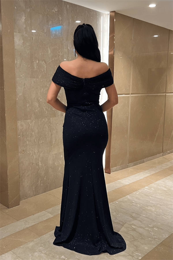 Simli Kumaş Tasarım Drape Detaylı Büyük Beden Abiye Elbise - LACİVERT - 5