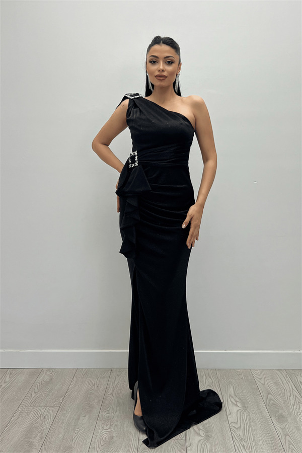 Simli Kumaş Volan Toka Detaylı Balık Elbise - SİYAH - 1