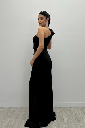 Simli Kumaş Volan Toka Detaylı Balık Elbise - SİYAH - 5