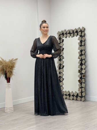 Glittery Fabric Collar Ruffle Detailed Dress - BLACK - Angelino Moda
