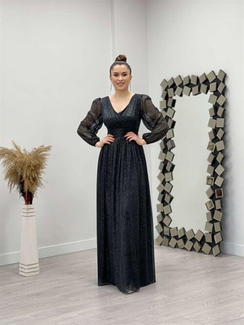 Simli Kumaş Yakası Büzgü Detaylı Elbise - SİYAH - 2