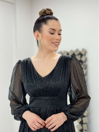 Simli Kumaş Yakası Büzgü Detaylı Elbise - SİYAH - 3