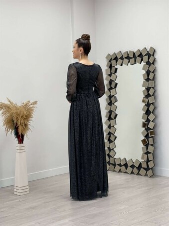 Simli Kumaş Yakası Büzgü Detaylı Elbise - SİYAH - 5