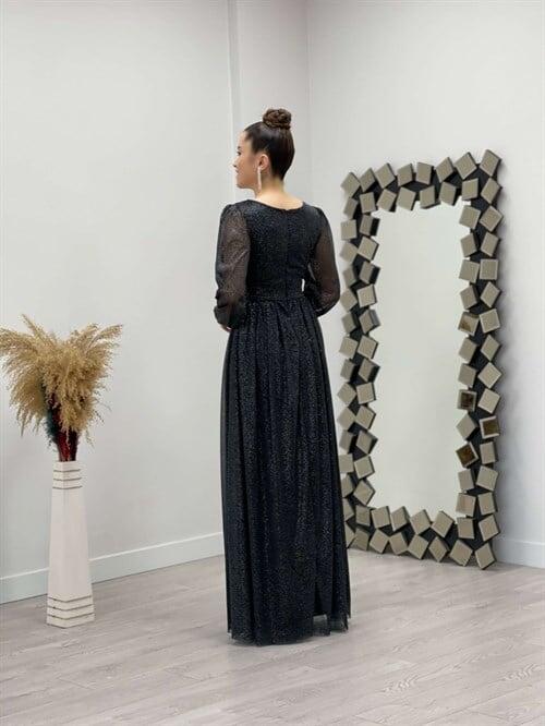 Simli Kumaş Yakası Büzgü Detaylı Elbise - SİYAH - 5