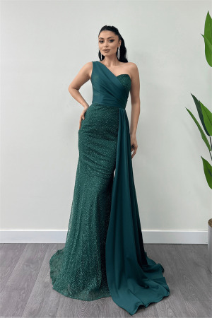 Simli Saten Kumaş Şal Detaylı Abiye Elbise - ZÜMRÜT YEŞİL - 1