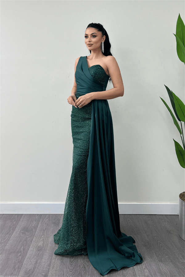 Simli Saten Kumaş Şal Detaylı Abiye Elbise - ZÜMRÜT YEŞİL - 2