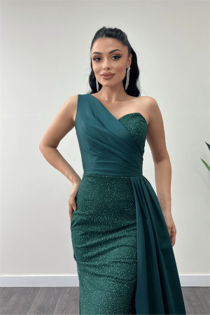 Simli Saten Kumaş Şal Detaylı Abiye Elbise - ZÜMRÜT YEŞİL - 3