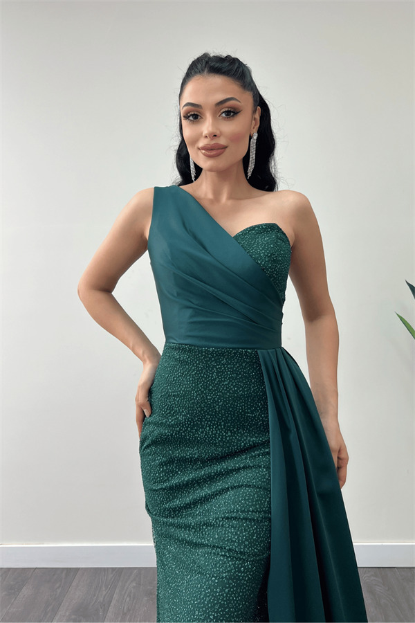 Simli Saten Kumaş Şal Detaylı Abiye Elbise - ZÜMRÜT YEŞİL - 3