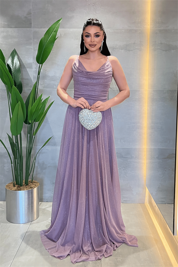 Simli Tül Kumaş Askılı Abiye Elbise - LİLA - 1