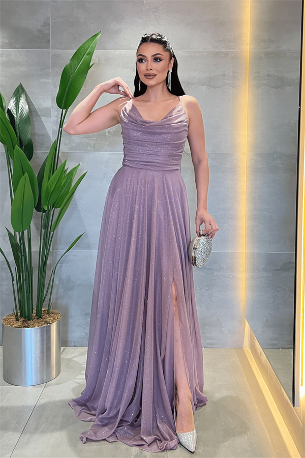 Simli Tül Kumaş Askılı Abiye Elbise - LİLA - 2