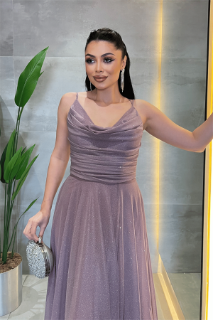 Simli Tül Kumaş Askılı Abiye Elbise - LİLA - 4