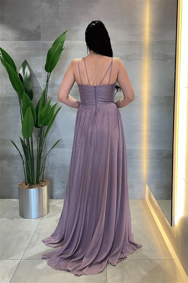 Simli Tül Kumaş Askılı Abiye Elbise - LİLA - 5