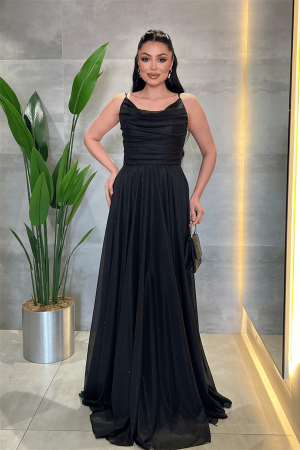 Simli Tül Kumaş Askılı Abiye Elbise - SİYAH - EİPOM