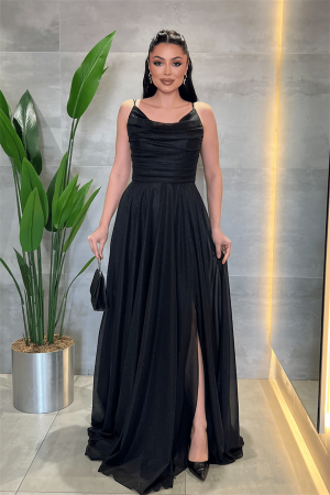 Simli Tül Kumaş Askılı Abiye Elbise - SİYAH - EİPOM (1)