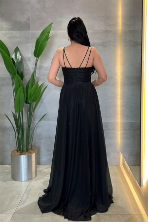 Simli Tül Kumaş Askılı Abiye Elbise - SİYAH - 5