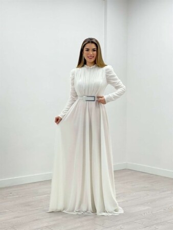 Simli Tül Kumaş Büzgü Detaylı Abiye Elbise - BEYAZ - 2