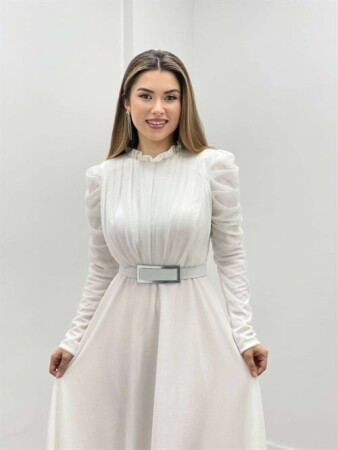 Simli Tül Kumaş Büzgü Detaylı Abiye Elbise - BEYAZ - 4