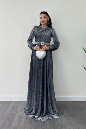 Simli Tül Kumaş Büzgü Detaylı Abiye Elbise - GÜMÜŞ - Angelino Moda