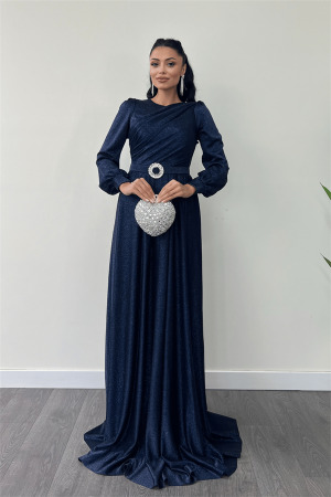 Simli Tül Kumaş Büzgü Detaylı Abiye Elbise - LACİVERT - Angelino Moda