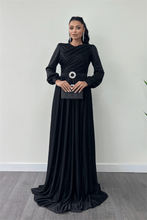 Simli Tül Kumaş Büzgü Detaylı Abiye Elbise - SİYAH - Angelino Moda