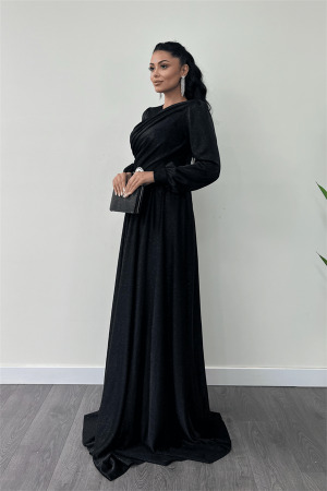 Simli Tül Kumaş Büzgü Detaylı Abiye Elbise - SİYAH - Angelino Moda (1)