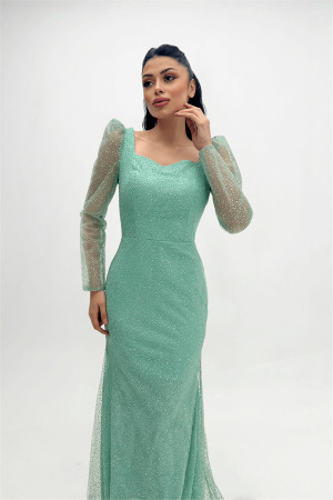 Simli Tül Kumaş Kare Yaka Balık Elbise - MİNT YEŞİLİ - Angelino Moda (1)