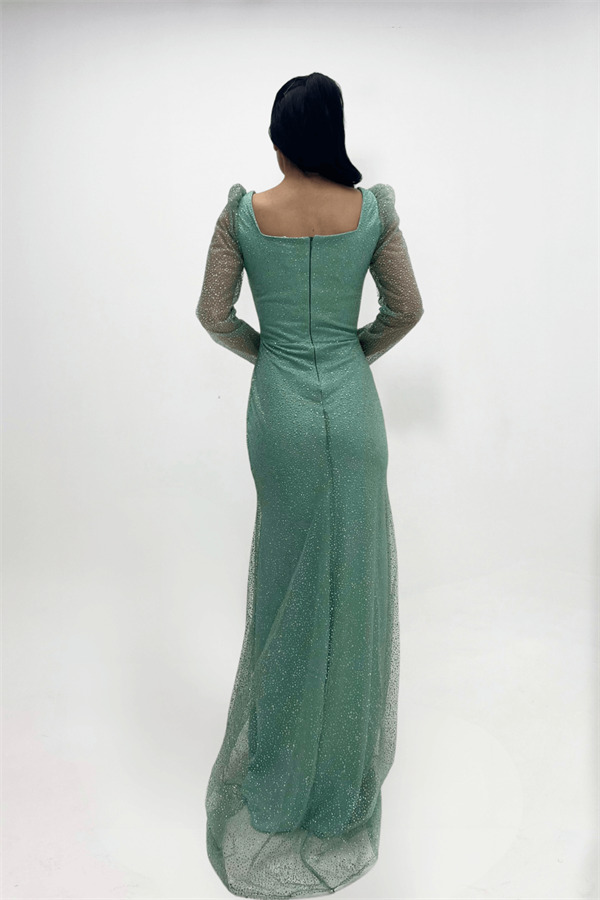 Simli Tül Kumaş Kare Yaka Balık Elbise - MİNT YEŞİLİ - 7