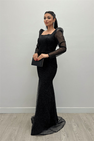 Simli Tül Kumaş Kare Yaka Balık Elbise - SİYAH - Angelino Moda