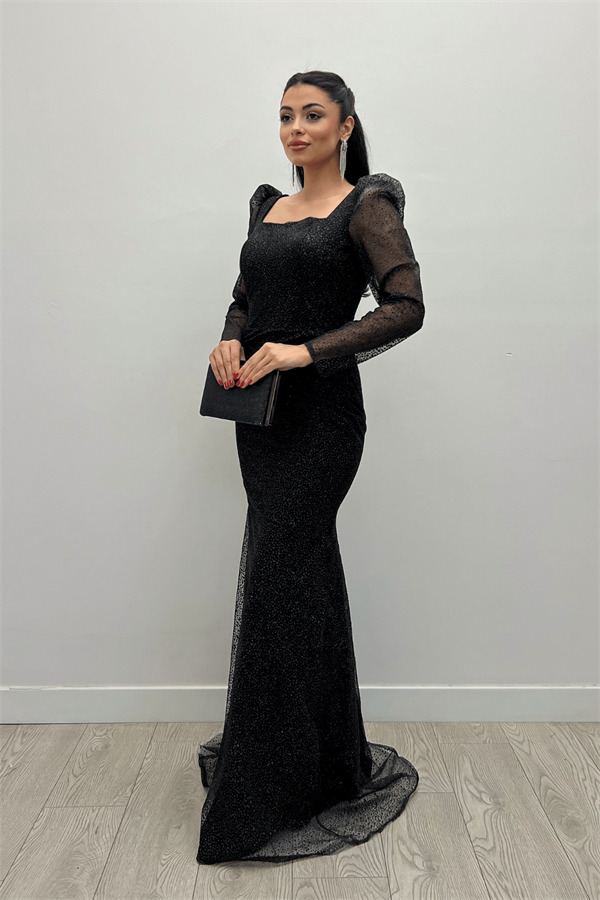 Simli Tül Kumaş Kare Yaka Balık Elbise - SİYAH - 1