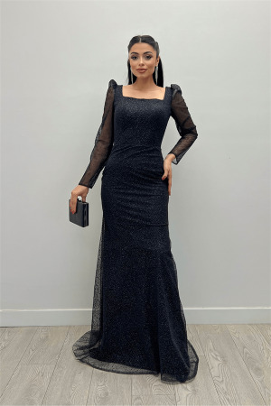 Simli Tül Kumaş Kare Yaka Balık Elbise - SİYAH - Angelino Moda (1)