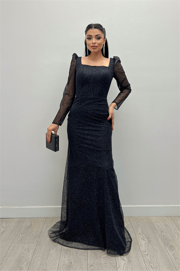 Simli Tül Kumaş Kare Yaka Balık Elbise - SİYAH - 3