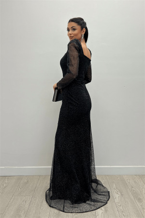 Simli Tül Kumaş Kare Yaka Balık Elbise - SİYAH - 9