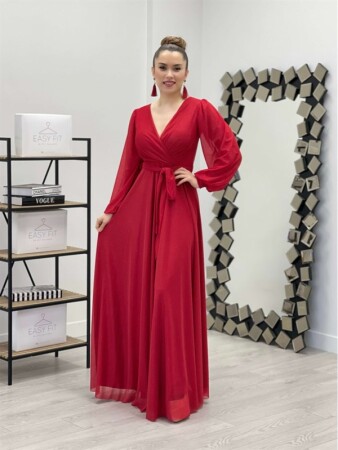 Glittery Tulle Fabric Belted Kleated Dress - RED - Angelino Moda