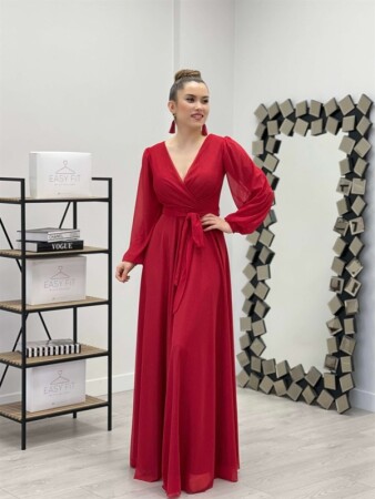 Glittery Tulle Fabric Belted Kleated Dress - RED - Angelino Moda (1)