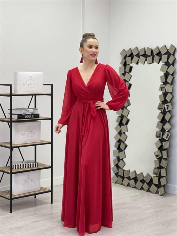 Simli Tül Kumaş Kuşaklı Kiloş Elbise - KIRMIZI - 2