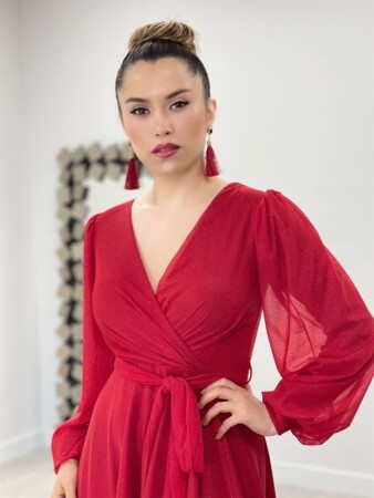 Simli Tül Kumaş Kuşaklı Kiloş Elbise - KIRMIZI - 4