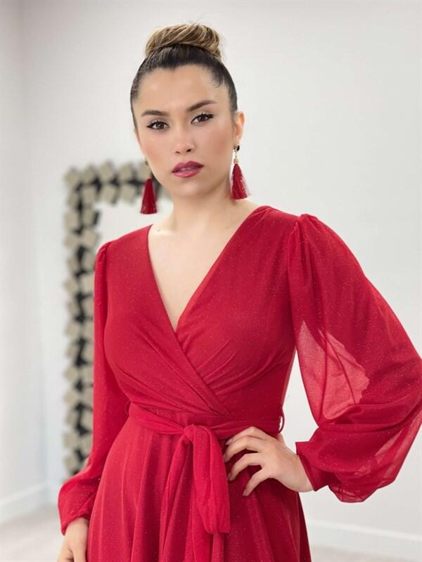 Simli Tül Kumaş Kuşaklı Kiloş Elbise - KIRMIZI - 4