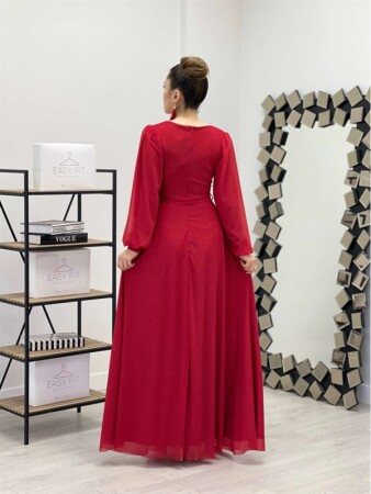 Simli Tül Kumaş Kuşaklı Kiloş Elbise - KIRMIZI - 5